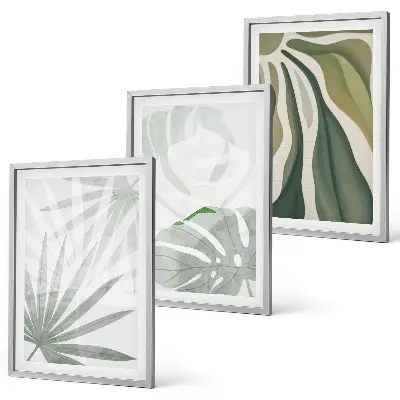 Wanddecoratieset met schilderijen met bladeren in groen en grijs