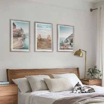 Set schilderijen voor wanddecoratie zomerse pastelkleurige strandgezichten