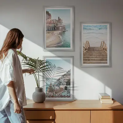 Set schilderijen voor wanddecoratie zomerse pastelkleurige strandgezichten