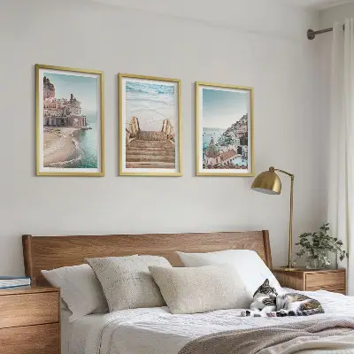 Set schilderijen voor wanddecoratie zomerse pastelkleurige strandgezichten