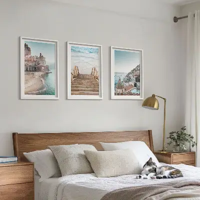 Set schilderijen voor wanddecoratie zomerse pastelkleurige strandgezichten