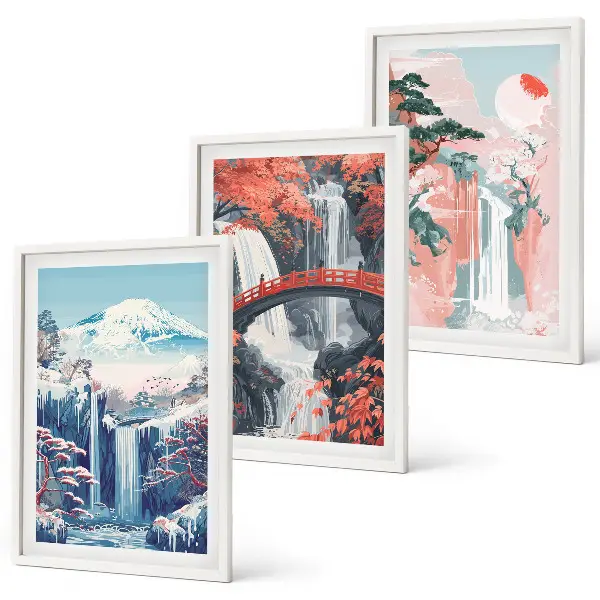 Wanddecoratieset met schilderijen met watervallen bergen brug en bomen