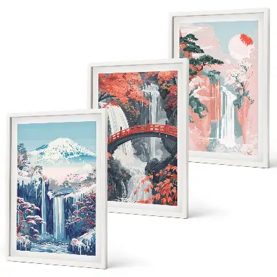 Wanddecoratie set schilderijen Wodospady góry most drzewa