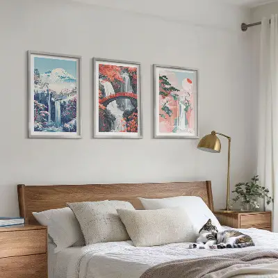 Wanddecoratieset met schilderijen met watervallen bergen brug en bomen