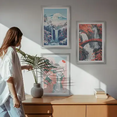 Wanddecoratieset met schilderijen met watervallen bergen brug en bomen