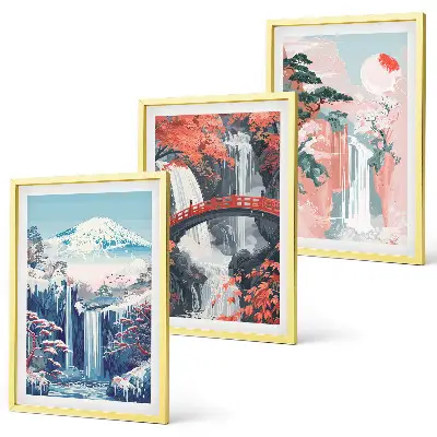 Wanddecoratieset met schilderijen met watervallen bergen brug en bomen