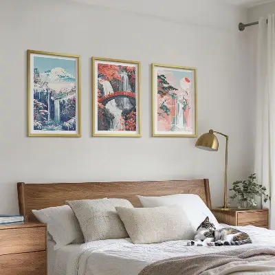 Wanddecoratieset met schilderijen met watervallen bergen brug en bomen