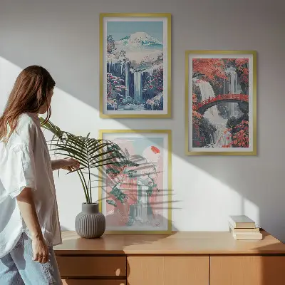 Wanddecoratieset met schilderijen met watervallen bergen brug en bomen