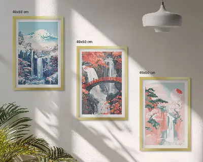 Wanddecoratieset met schilderijen met watervallen bergen brug en bomen