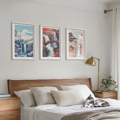 Wanddecoratieset met schilderijen met watervallen bergen brug en bomen