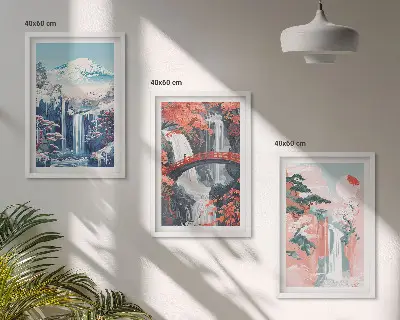 Wanddecoratieset met schilderijen met watervallen bergen brug en bomen