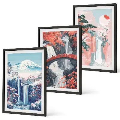 Wanddecoratieset met schilderijen met watervallen bergen brug en bomen