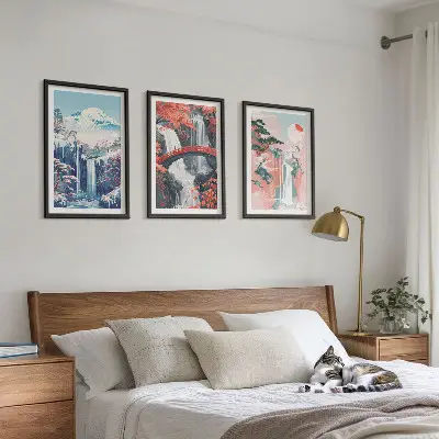 Wanddecoratieset met schilderijen met watervallen bergen brug en bomen