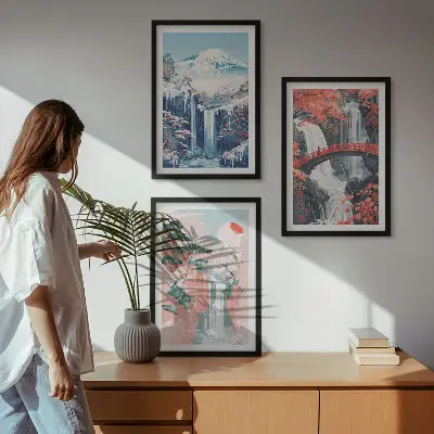 Wanddecoratieset met schilderijen met watervallen bergen brug en bomen