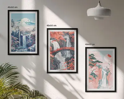 Wanddecoratieset met schilderijen met watervallen bergen brug en bomen