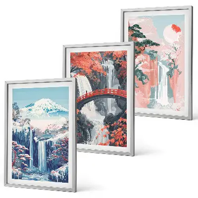 Wanddecoratieset met schilderijen met watervallen bergen brug en bomen