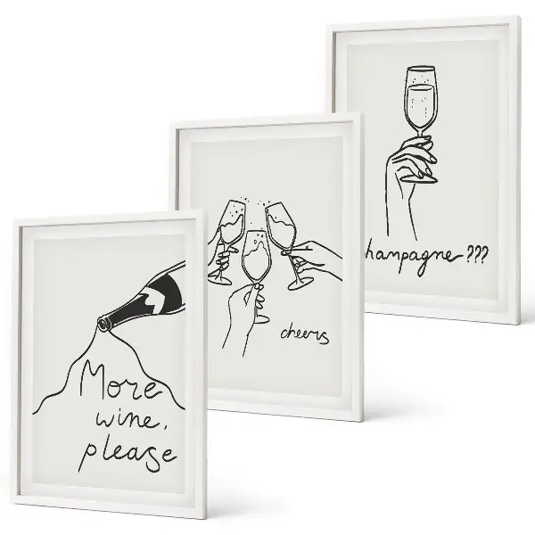 Wanddecoratieset met schilderijen lijnkunst van champagne en wijn