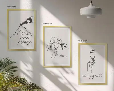 Wanddecoratieset met schilderijen lijnkunst van champagne en wijn
