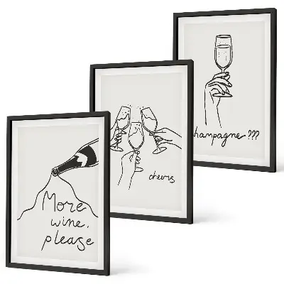 Wanddecoratieset met schilderijen lijnkunst van champagne en wijn