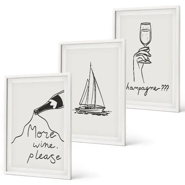 Wanddecoratieset schilderijen lijnkunst met wijn, zeilboot en wijnglas
