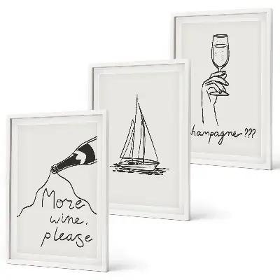 Wanddecoratie set schilderijen Wino żaglówka kieliszek line-art