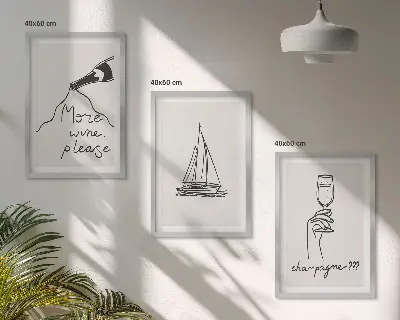 Wanddecoratieset schilderijen lijnkunst met wijn, zeilboot en wijnglas