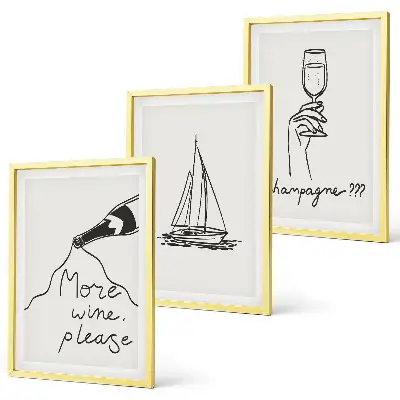 Wanddecoratieset schilderijen lijnkunst met wijn, zeilboot en wijnglas