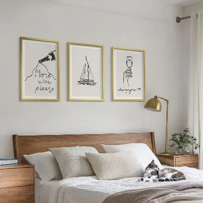 Wanddecoratieset schilderijen lijnkunst met wijn, zeilboot en wijnglas