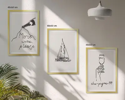 Wanddecoratieset schilderijen lijnkunst met wijn, zeilboot en wijnglas