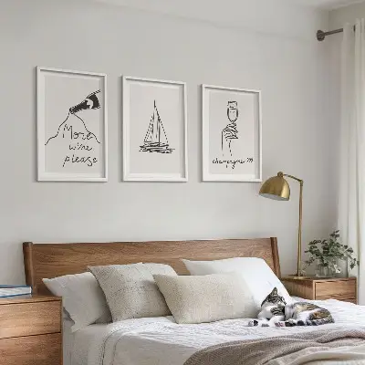Wanddecoratieset schilderijen lijnkunst met wijn, zeilboot en wijnglas
