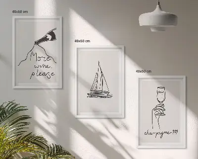 Wanddecoratieset schilderijen lijnkunst met wijn, zeilboot en wijnglas
