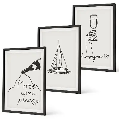Wanddecoratieset schilderijen lijnkunst met wijn, zeilboot en wijnglas