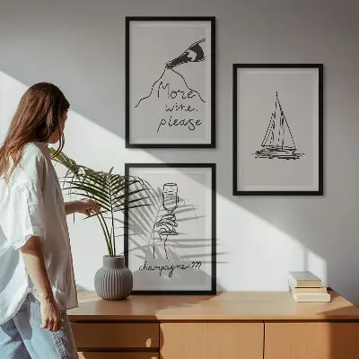 Wanddecoratieset schilderijen lijnkunst met wijn, zeilboot en wijnglas