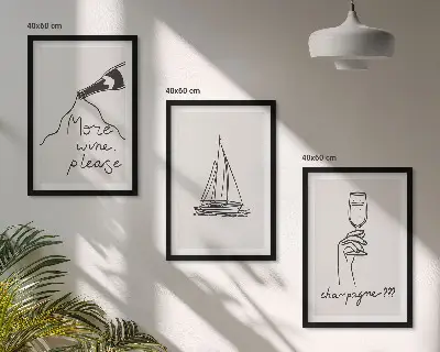 Wanddecoratieset schilderijen lijnkunst met wijn, zeilboot en wijnglas