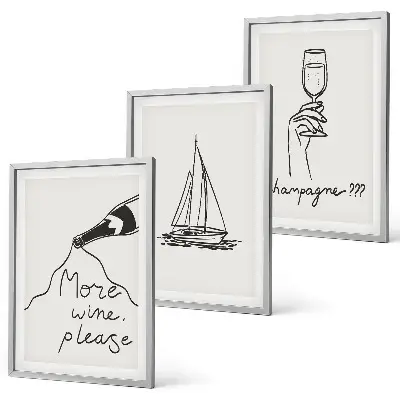 Wanddecoratieset schilderijen lijnkunst met wijn, zeilboot en wijnglas