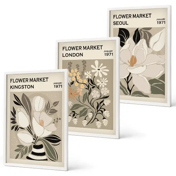 Wanddecoratie set schilderijen met retro bloemen uit wereldsteden
