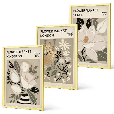 Wanddecoratie set schilderijen met retro bloemen uit wereldsteden