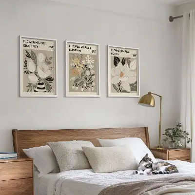 Wanddecoratie set schilderijen met retro bloemen uit wereldsteden