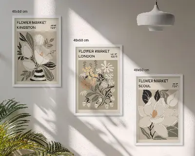 Wanddecoratie set schilderijen met retro bloemen uit wereldsteden