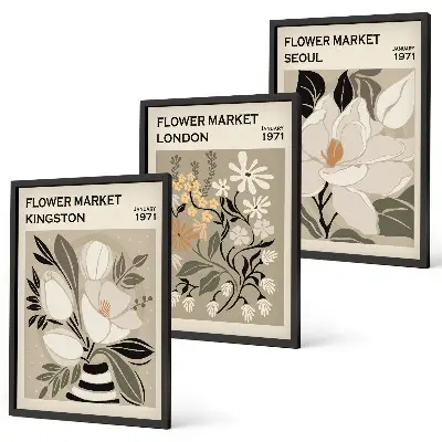 Wanddecoratie set schilderijen met retro bloemen uit wereldsteden