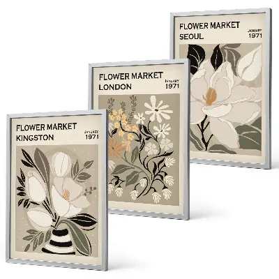 Wanddecoratie set schilderijen met retro bloemen uit wereldsteden