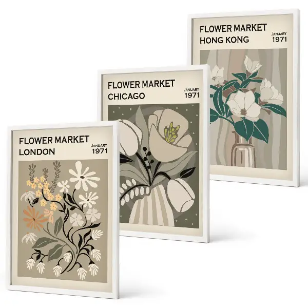 Wanddecoratie set schilderijen met bloemenmarkt thema Londen Chicago Hongkong