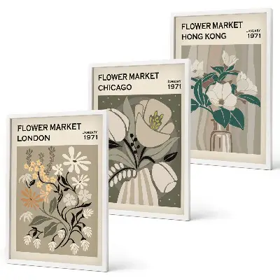 Wanddecoratie set schilderijen met bloemenmarkt thema Londen Chicago Hongkong
