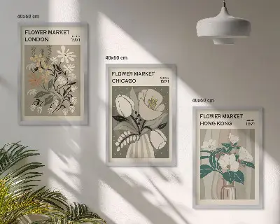 Wanddecoratie set schilderijen met bloemenmarkt thema Londen Chicago Hongkong