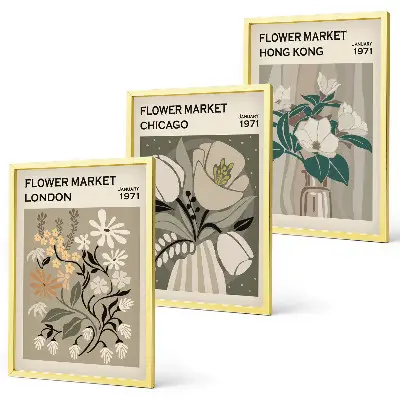 Wanddecoratie set schilderijen met bloemenmarkt thema Londen Chicago Hongkong
