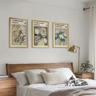 Wanddecoratie set schilderijen met bloemenmarkt thema Londen Chicago Hongkong