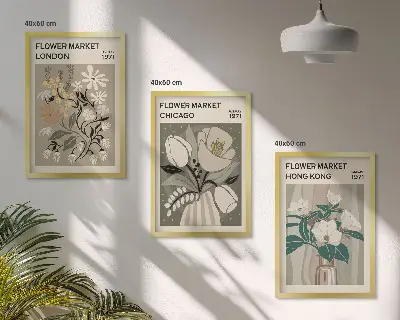 Wanddecoratie set schilderijen met bloemenmarkt thema Londen Chicago Hongkong