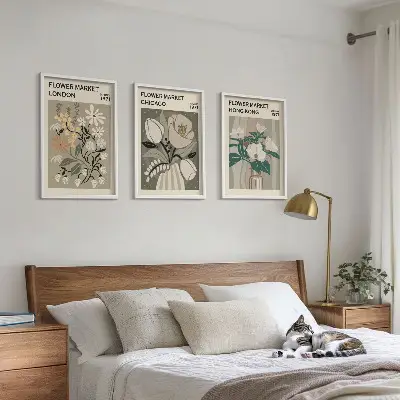 Wanddecoratie set schilderijen met bloemenmarkt thema Londen Chicago Hongkong