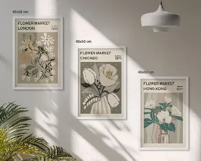 Wanddecoratie set schilderijen met bloemenmarkt thema Londen Chicago Hongkong