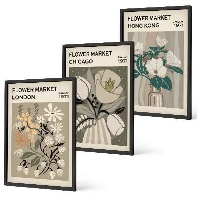 Wanddecoratie set schilderijen met bloemenmarkt thema Londen Chicago Hongkong